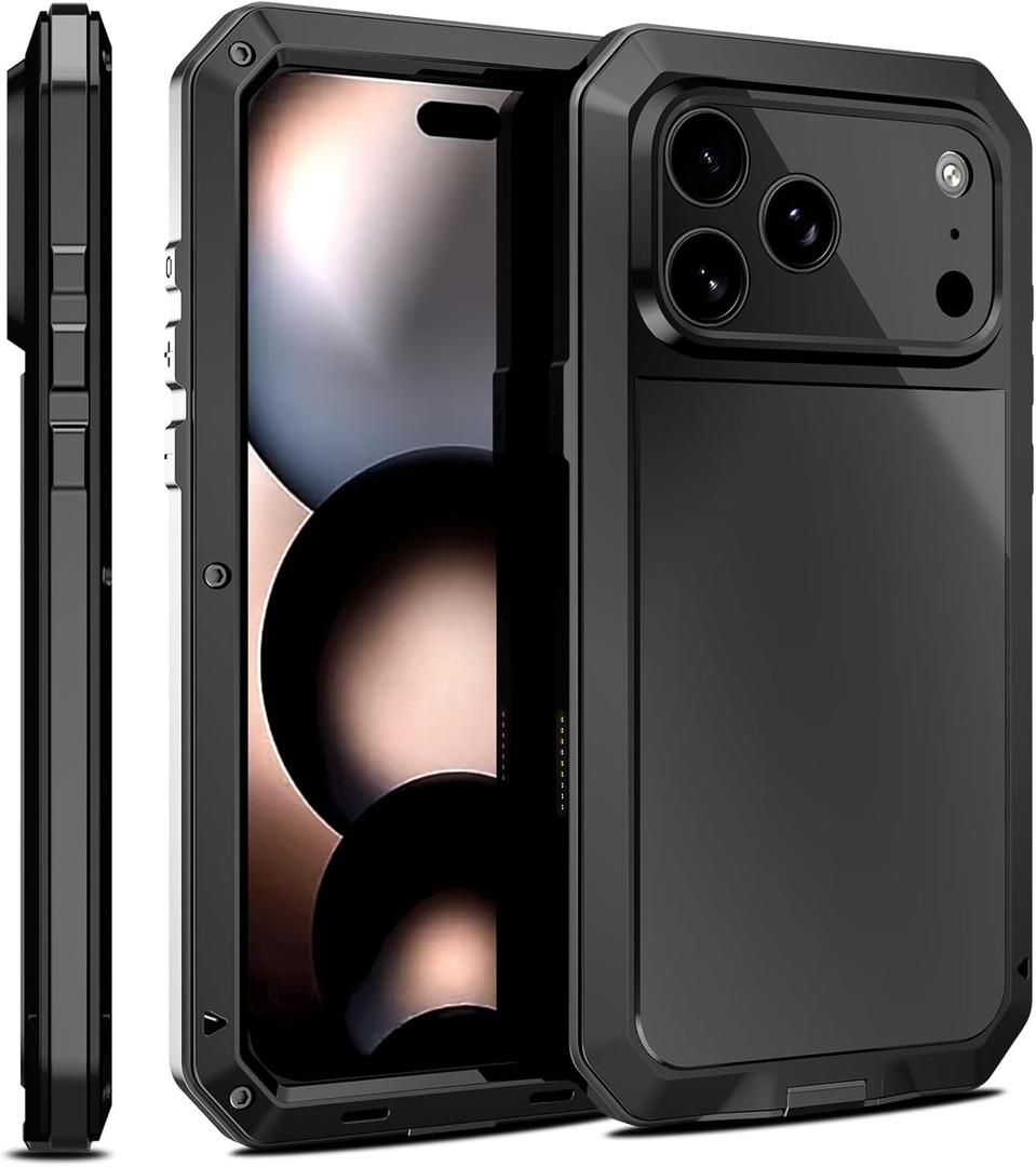 Armor Metal Case for iPhone 17 Pro Max with Tempered Glass Screen Protector, Heavy Duty Military Grade, Shockproof Dustproof Water Resistant Camera Protection Silicone Back Full Body Case Black