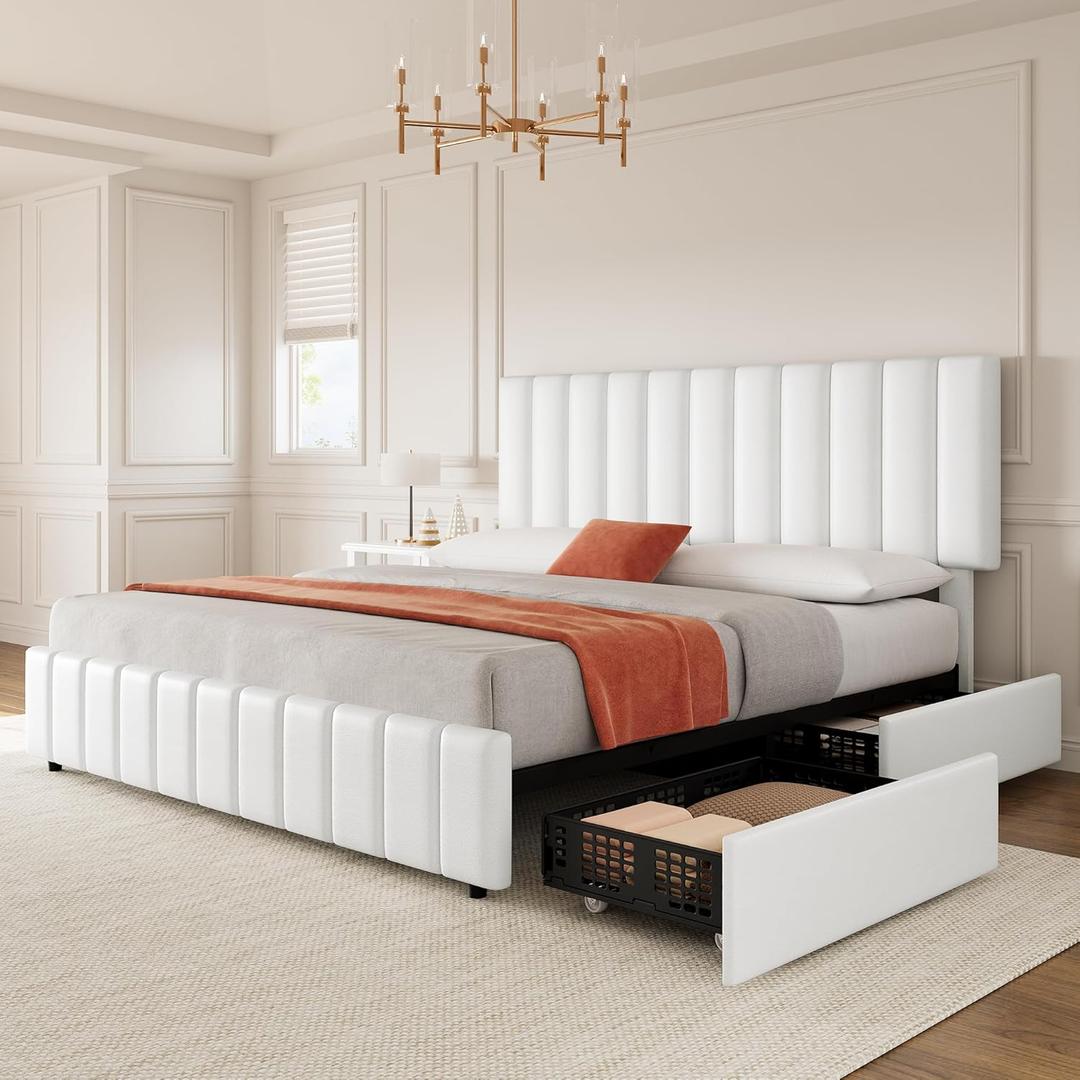 IDEALHOUSE Queen Size Bed Frame with 4 Storage Drawers, PU Leather Linen Upholstered Platform Bed Frame, Adjustable Height Headboard, No Box Spring Needed, Easy to Assembly, White