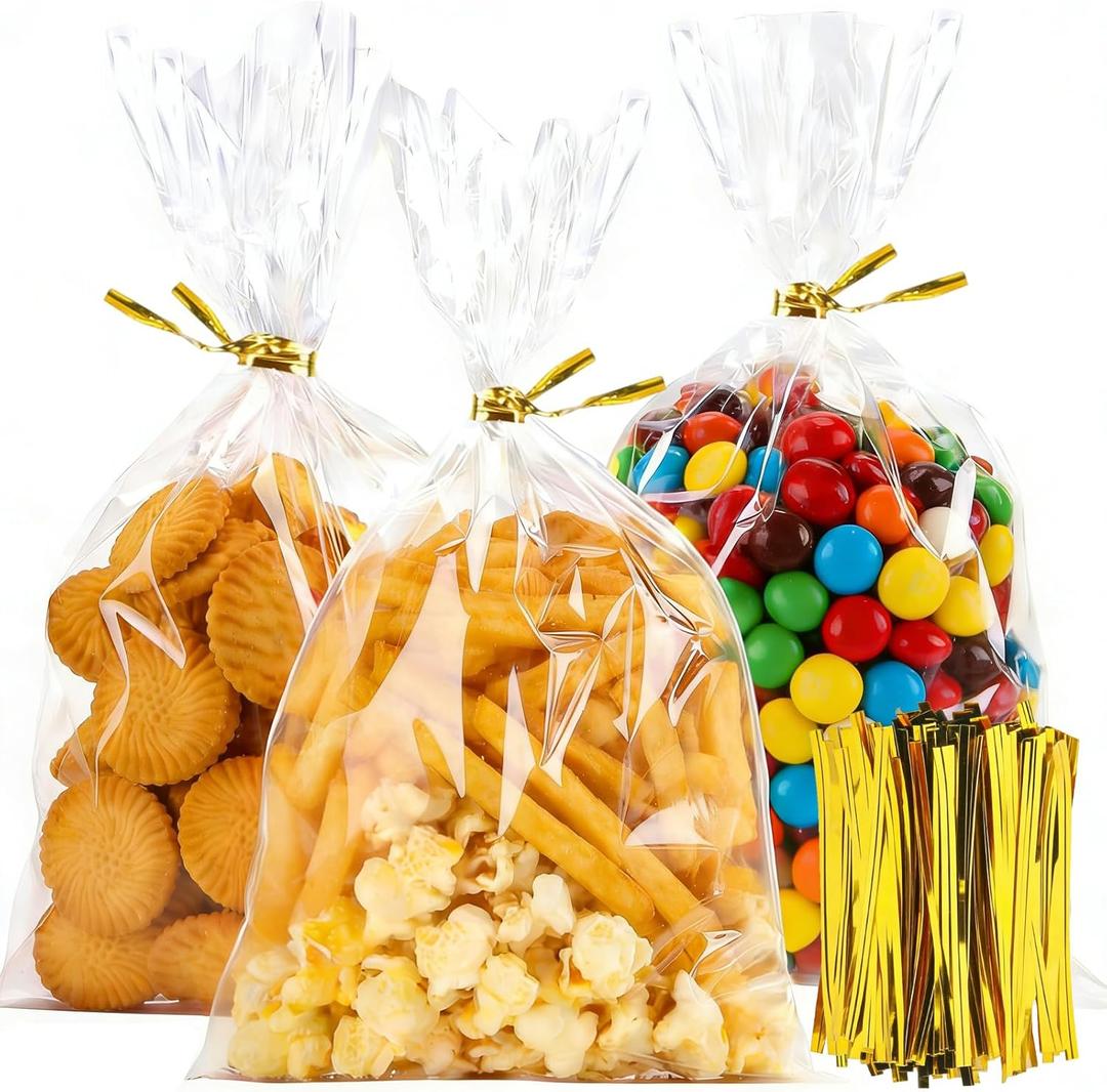 Gewutho 100 Pack Cellophane Bags, 6×10-Inch Clear Cellophane Gift Bags with 100 Gold Twist Ties Included, Plastic Packaging Bags Ideal for Wrapping Cookies, Candies, Party Favors, and Popcorn