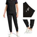 PuriPure Scrubs for Women Set Nurse Uniform Scrubs 4 Way Stretch V-Neck Scrub Top & Jogger Pant with 6 Pockets Scrubs Set (Black, Large)