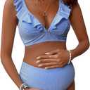 Floerns Women's Maternity Striped Print Ruffle Trim V Neck 2 Piece Bathing Suit L