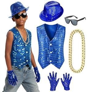 Kids Dance Hip Hop Jazz Costume Boys Sequin Vest Hat Sunglasses Set for Dance Party 4-5T Blue