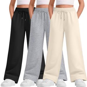 3 Packs Teen Girls Sweatpants Wide Leg Drawstring Baggy Pants Straight Leg Athletic Trousers with Pockets Size 5-14 (11-12 Years, Beige Apricot, Light Heather Gray, Black)