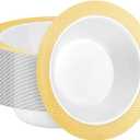 50 Pack Plastic Bowls with Gold Rim, 12oz Disposable Soup Bowls, Heavy Duty Plastic Salad Bowls for Parties, Weddings, and Everyday Use
