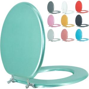 Round Toilet Seat Wood Toilet Seat Prevent Shifting with Zinc Alloy Hinges American Standard Size Toilet Seat Easy to Install also Easy to Clean(Round,Sparkling Turquoise)