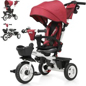 JMMD 7 in 1 Tricycle Stroller with Push Handle, Baby Trike with 360 Swivel Seat, Reclining Backrest, All-Terrain Wheels, Dual Brakes, Canopy & Storage, Gift for Kids 18 Months to 5 Years, Red