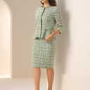 Allegra K Women's 2 Piece Skirt Sets 3/4 Sleeve Collarless Tweed Jacket Pencil Skirt Set Elegant Business Casual Outfit 3X-Large Green