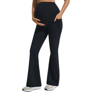 JOYSPELS Smooth Feeling Flare Maternity Leggings Over The Belly with Pockets Soft Bootcut Pregnancy Yoga Pants (Medium, Black)