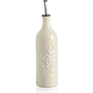 Sweejar Large Ceramic Olive Oil Dispenser Bottle, 24 Oz Relief Opaque Oil Cruet Protects Oil To Reduce Oxidation, Storage Vinegar, Soy Sauce, Coffee Syrup, Liquids, Set of 1 (Beige)