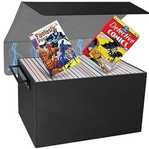 Comic Book Storage Box, PU Leather Comic Bin Holds 155 Comic Book with Handles, Stackable Moistureproof Comic Short Box Book Organizer Storage for Comic Collectors