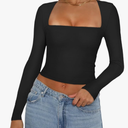 REORIA Women's Basic Sexy Square Neck Long Sleeve Y2K Going Out T Shirt Crop Top XXL