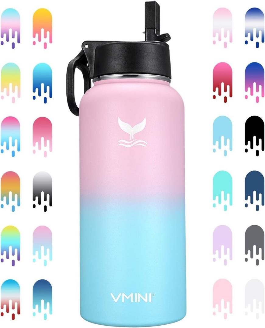 Vmini 12oz Kids Water Bottle for School, Toddler Bottles with Straws, Stainless Steel Vacuum Insulated Water Bottle for Boys&Girls, Leak-Proof, BPA-Free, Bubble Gum