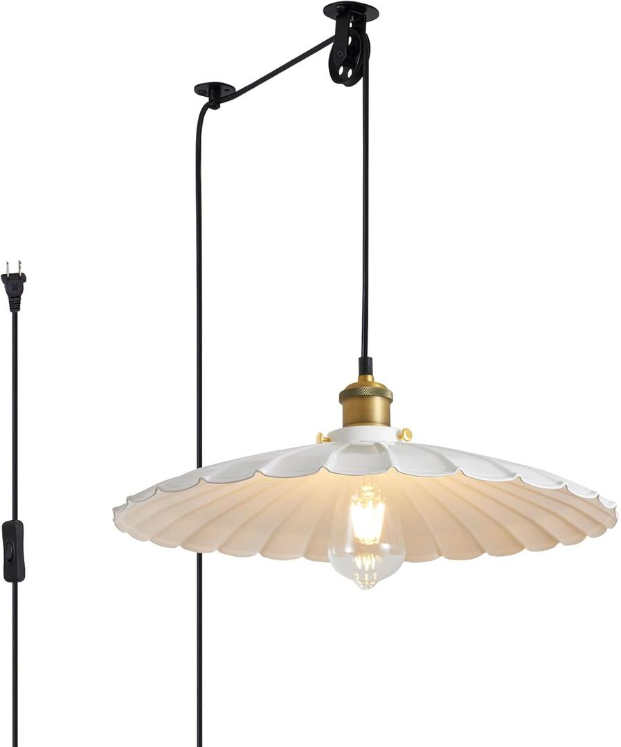Hanging Lamp Plug in White 15.7 Inch Metal Lampshade Pendant Light Adjustable Cord Pendant Light Plug in Industrial Hanging Lights Farmhouse