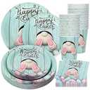 Whaline 100Pcs Happy Easter Tableware Set Bunny Egg Rabbit Disposable Dinnerware 50Pcs Paper Plates 25Pcs Napkins 25Pcs Cups for Spring Party Supplies Table Decoration