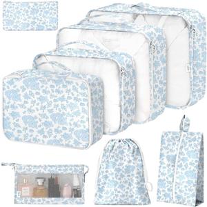 8 Set Packing Cubes for Suitcases,Packing Cube with Shoe, Cosmetics, Clothing, and Accessories Bags Packing Cubes for Travel Luggage Organizer Women Men(Blue Flowers)
