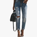 KUNMI Women's Ripped Mid Waisted Boyfriend Jeans Loose Fit Distressed Stretchy Denim Pants Medium