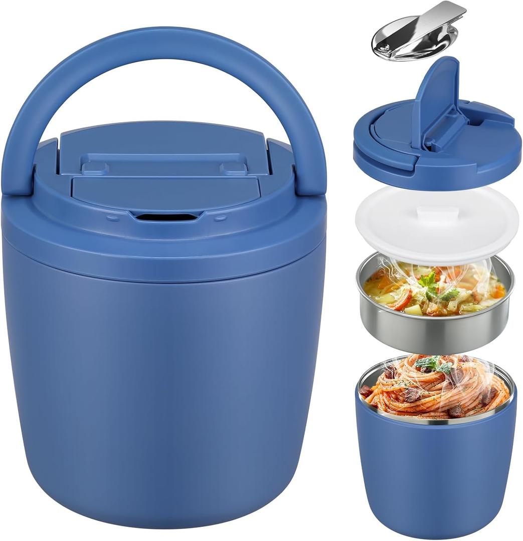 MAXSO Lunch Container 40 oz for Adults Stainless Steel Vacuum Insulated Food Jar, Soup Thermo for Hot Food Thermal Bento Box, Wide Mouth Leakproof Buckle Lid with Spoon - Blue
