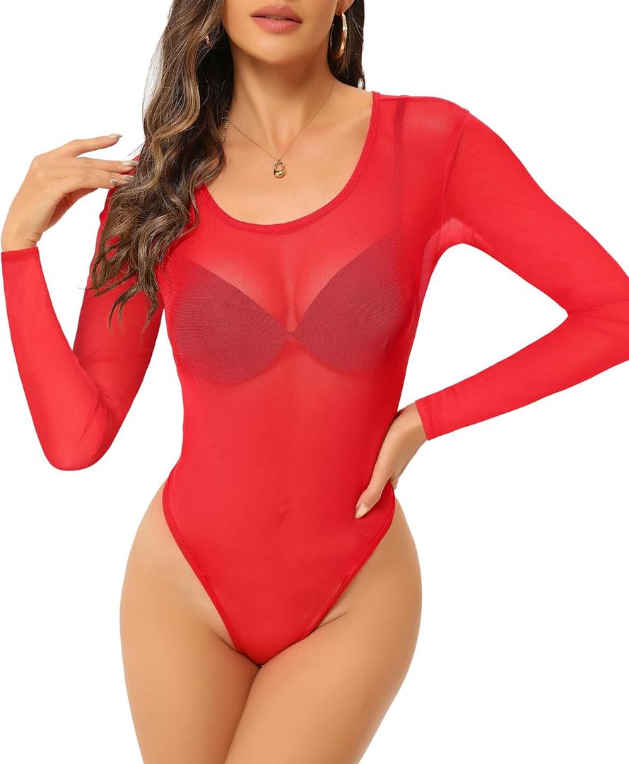 Womens Mesh Bodysuit Long Sleeve Top Crew Neck Sheer T Shirt Body Suit Leotard Blouse (Large)