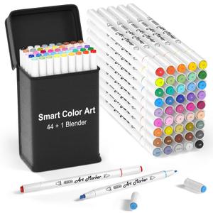 Smart Color Art Art Markers, 44 Coloring Markers and 1 Blender, 45 Pack Alcohol Based Dual Tip Permanent Highlighters with Case, Excellent for Adults Kids Marking Drawing Sketching
