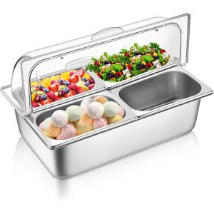 Countertop Food Serving Display Container and Clear Roll Top Cover Stainless Steel Food Serving Tray Buffet Condiment Dispenser Display Rack for Restaurant Hotel Kitchen Party (4 Pan)