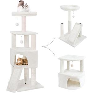 45in Cat Tree Tower with Big Condo for Indoor Kitten,Cat Tower with Scratching Post,Scratching Board and Cat Toys,Multi-Level,Small Space,Transformer Cat Tree, Beige(New)