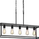 AMZASA Black Rectangle Kitchen Island Lights Rectangular Modern Industrial Chandelier for Dining Room 5 Lights Linear Vintage Cage Light Fixtures UL Listed