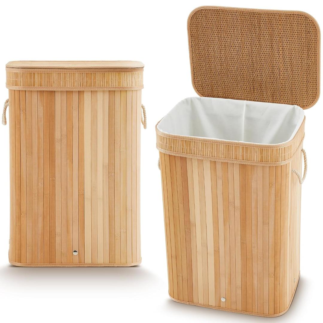 2 Pack 21 Gallon Bamboo Slim Trash Can with Lid Large Foldable Slim Rectangular Garbage Can Laundry Basket Bamboo Waste Basket for Bathroom Bedroom Office Home Salon Spa (Wooden Color)