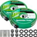Breeze Touch 2X50FT Sprinkler Hoses for Lawn, Three-Tube Flat Sprinkler Hose with Holes, Heavy Duty Soaker Hose for Garden with U-Shaped Stakes, Flexible Irrigation Hose for Yard