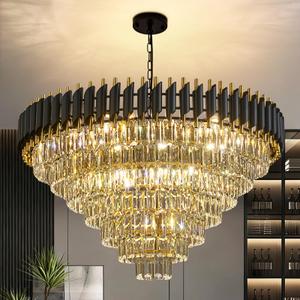 Aixialin Modern Large Crystal Chandeliers Black and Gold 35" Round 7 Tiers 18-Light K9 Crystal Luxury Round Crystal Chandelier Light Fixture for Staircase Living Room