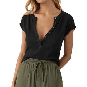 Tankaneo Women Deep V Neck Low Cut Tops Casual Ribbed Knit Henley T-Shirts Summer Short Sleeve Tees (Black, XL)