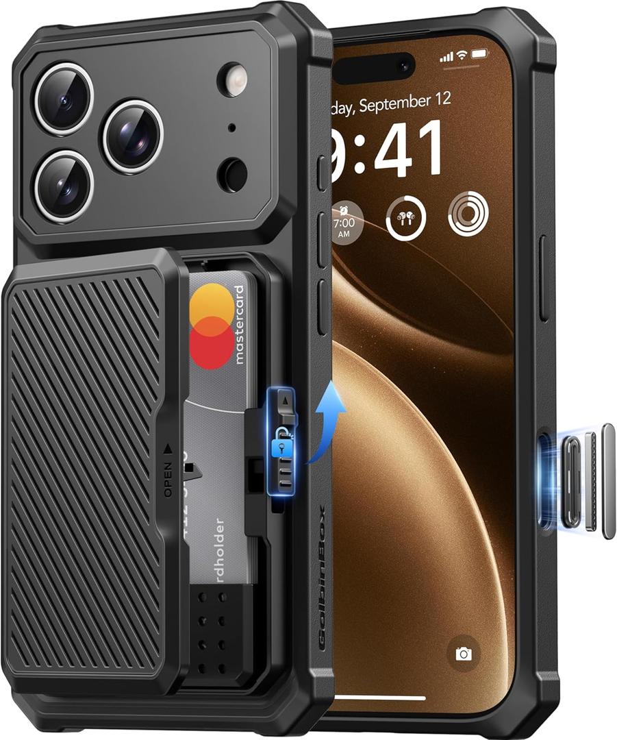 GolbinBox for iPhone 17 Pro Case with Card Holder and RFID Protection, [Built-in Safety Lock] [Holds 4-5 Cards & Cash] [Camera Control Button], Rugged Card Slot Wallet Case for 17 Pro 6.3'', Ink Black