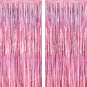 2 Pack Glitter Pink Backdrop, 3.28 FT x 7.05 FT Birthday Party Decorations, Laser Pink Fringe Curtains Foil Streamer Tinsel, Pink Curtains Photo Backdrop Happy Birthday Valentines Day Backdrop