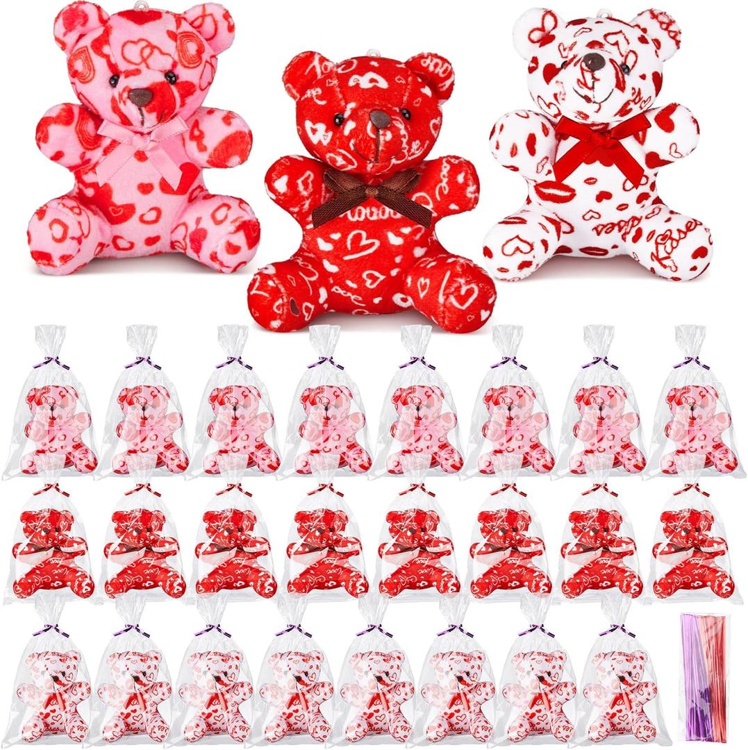 Lunmon 50 Pcs Valentine's Day Heart Pattern Love Bears with Gift Bag for Valentine's Day Gifts, Birthday Party Favors, Mini Stuffed Animal Toys, Keychains, Red, Pink, White