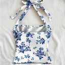 Women's Floral Print Halter Crop Top Summer Ruched Tie Backless Sleeveless Boho Tank Tops (XS)