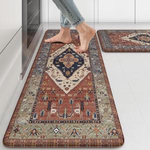 KIMODE Farmhouse Kitchen Mats, Anti Fatigue Kitchen Rugs Sets of 2, Non Slip Waterproof Kitchen Floor Mats, Ergonomic Cushioned Comfort Standing Mat for Laundry, Office, Sink, Desk, Red (17.3" x 47 "+ 17.3" x 29 "--0.47 inches)