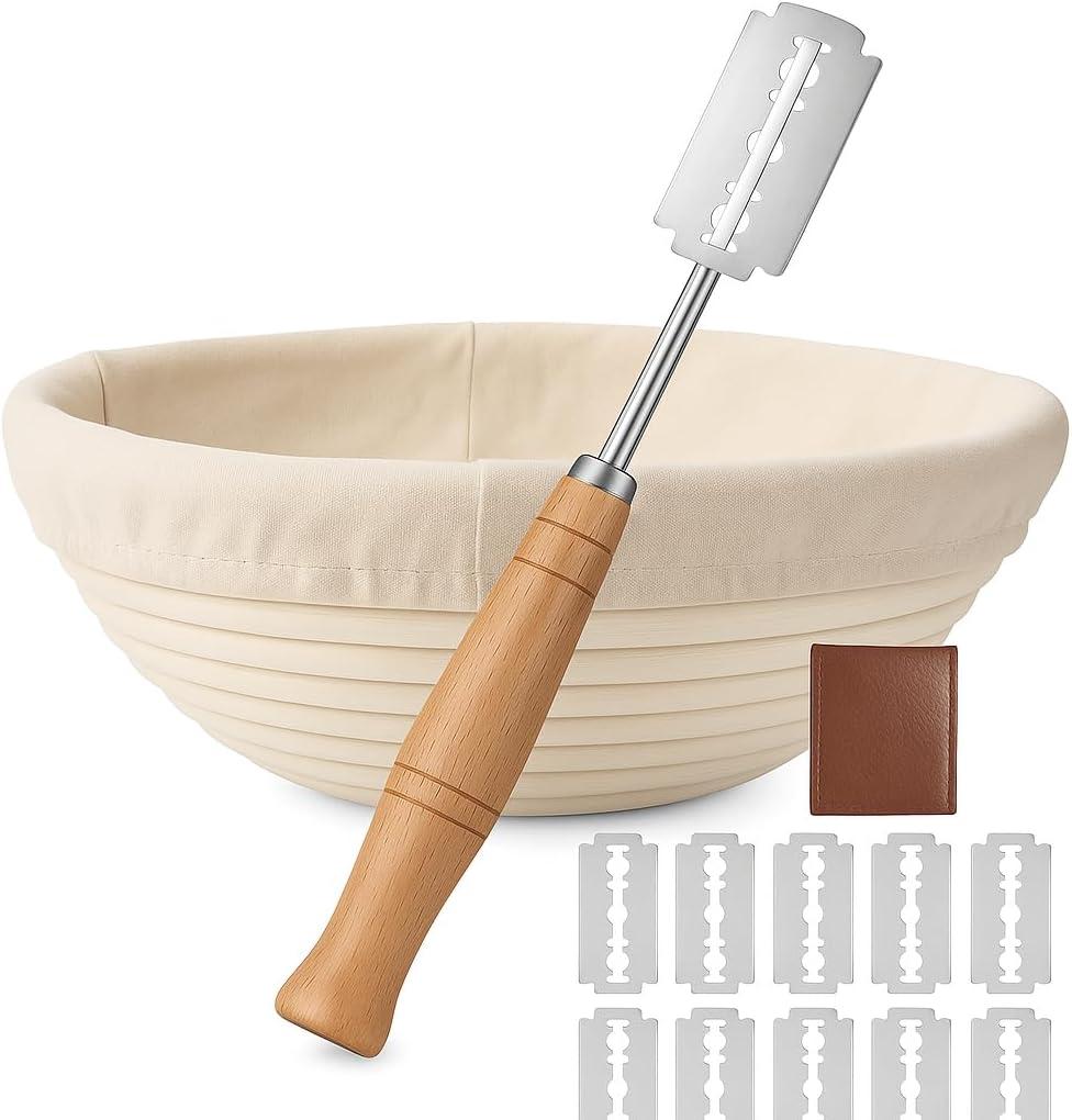 Saint Germain Bakery Round Banneton Proofing Basket and Bread Lame Set  9 Inch Natural Rattan Bread Basket with Liner, 10 Blades & Leather Cover  Sourdough Baking Kit Gift for Beginners and Bakers