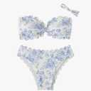 SHENHE Women's 2 Piece Bandeau Bikini Sets Floral Print Scalloped Boho Strapless Swimsuits M