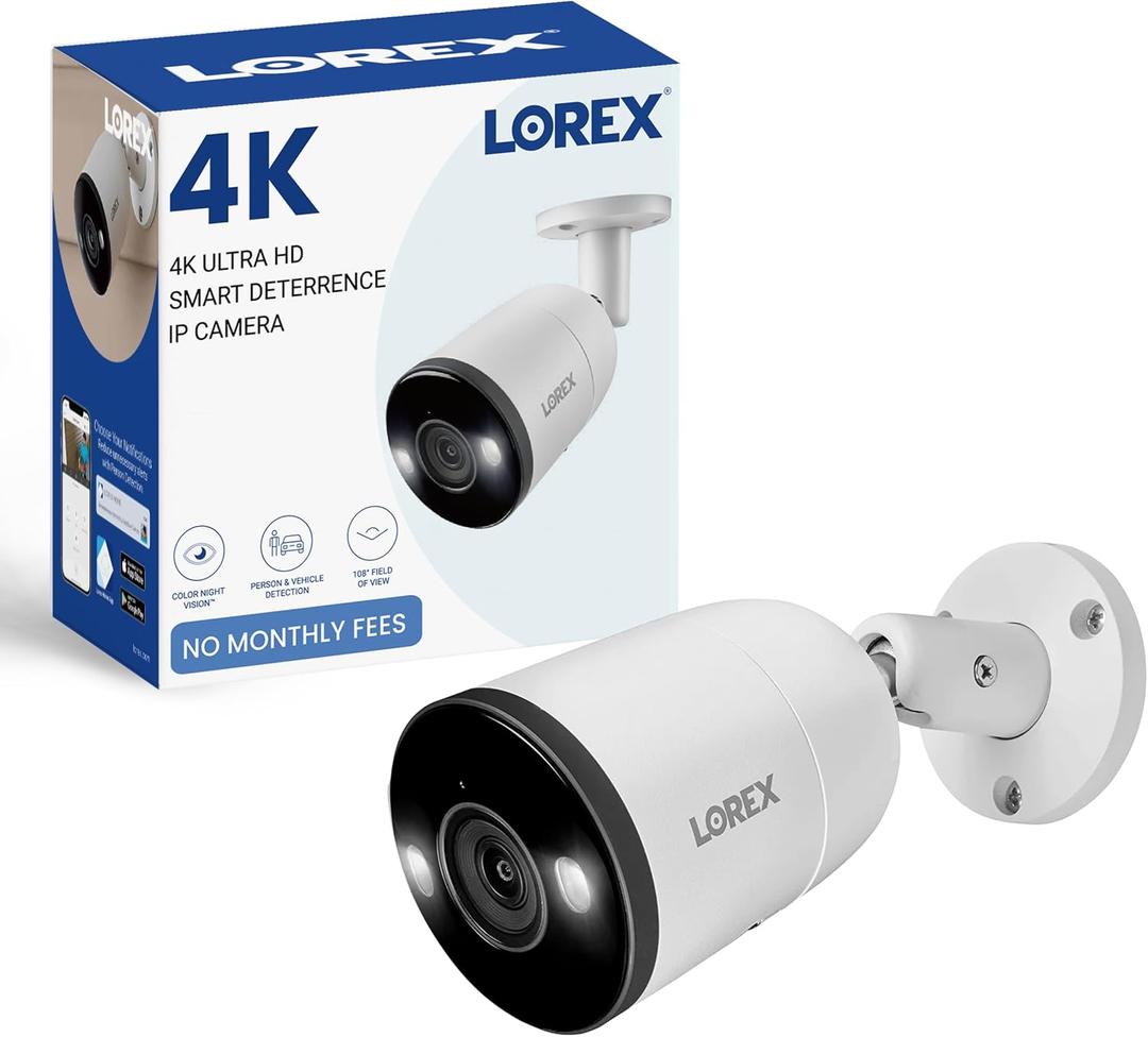 4 x Lorex Outdoor 4K IP Add-On Metal Bullet Security Camera | NVR Add-On | Smart Motion Detection | 2-Way Talk | Color Night Vision | IP67 Waterproof | Requires Recorder | White | Color Night Vision | Smart Motion Detection | Smart Deterrence (Siren & Warning Lights) | IP67 Weatherproof