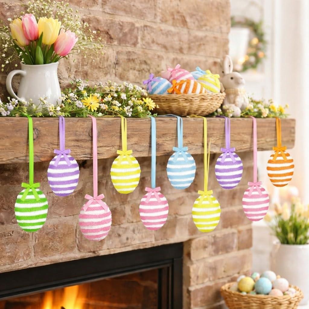 12 Pcs Easter Eggs Hanging Ornaments Cute Yarn Eggs Ornaments with Bow Easter Colorful Tree Decorations for Spring Party Home Decor Supplies