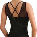 Women Dance Leotard Mesh Camisole Dancewear,Waist Mesh Splicing,Double Back Straps,Full Front Lining