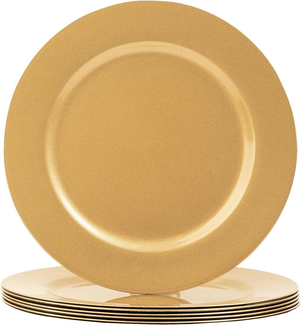 MAONAME Gold Charger Plates, Set of 6, 13-Inch Round Plastic Plate Chargers for Dinner Plate, Table Setting, Elegant Wedding Decor