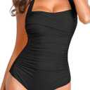 Smismivo High Neck Bathing Suits for Women Modest One Piece Swimsuit Ruched Full Coverage Round Boat Neck Lap Padded Closed Back Zip Up Swimwear for Pool (Black), Large