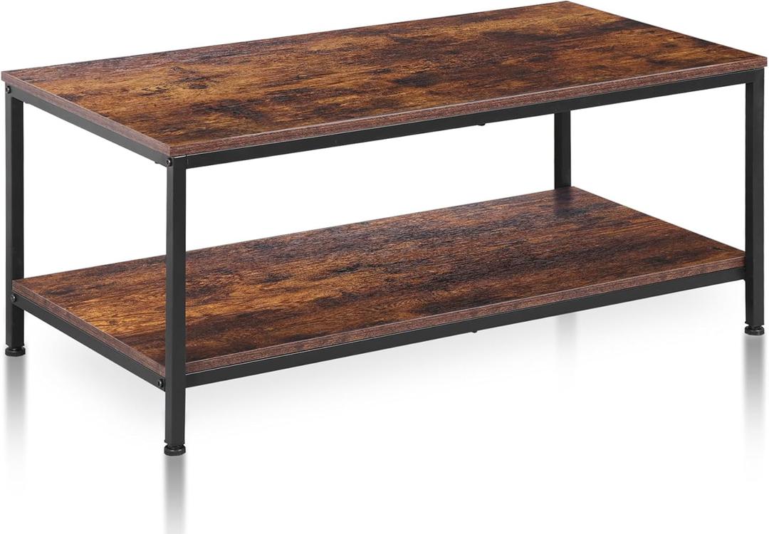 SUPER DEAL 2-Tier Coffee Table with Storage Shelf for Small Apartment Living Room, Rectangle Wood and Stable Metal TV Stand Side End Table, Rustic Brown (39.4in)