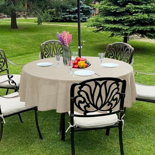 Outdoor Tablecloth with Umbrella Hole - Patio Table Cloth Zippered Round 60 Inch, Linen-Look Polyester Table Cover Water Resistant for Picnic Outside, Natural Color Outdoor Tablecloth with Umbrella Hole - Patio Table Cloth Zippered Round 60 Inch, Linen-Look Polyester Table Cover Water Resistant for Picnic Outside, Natural Color