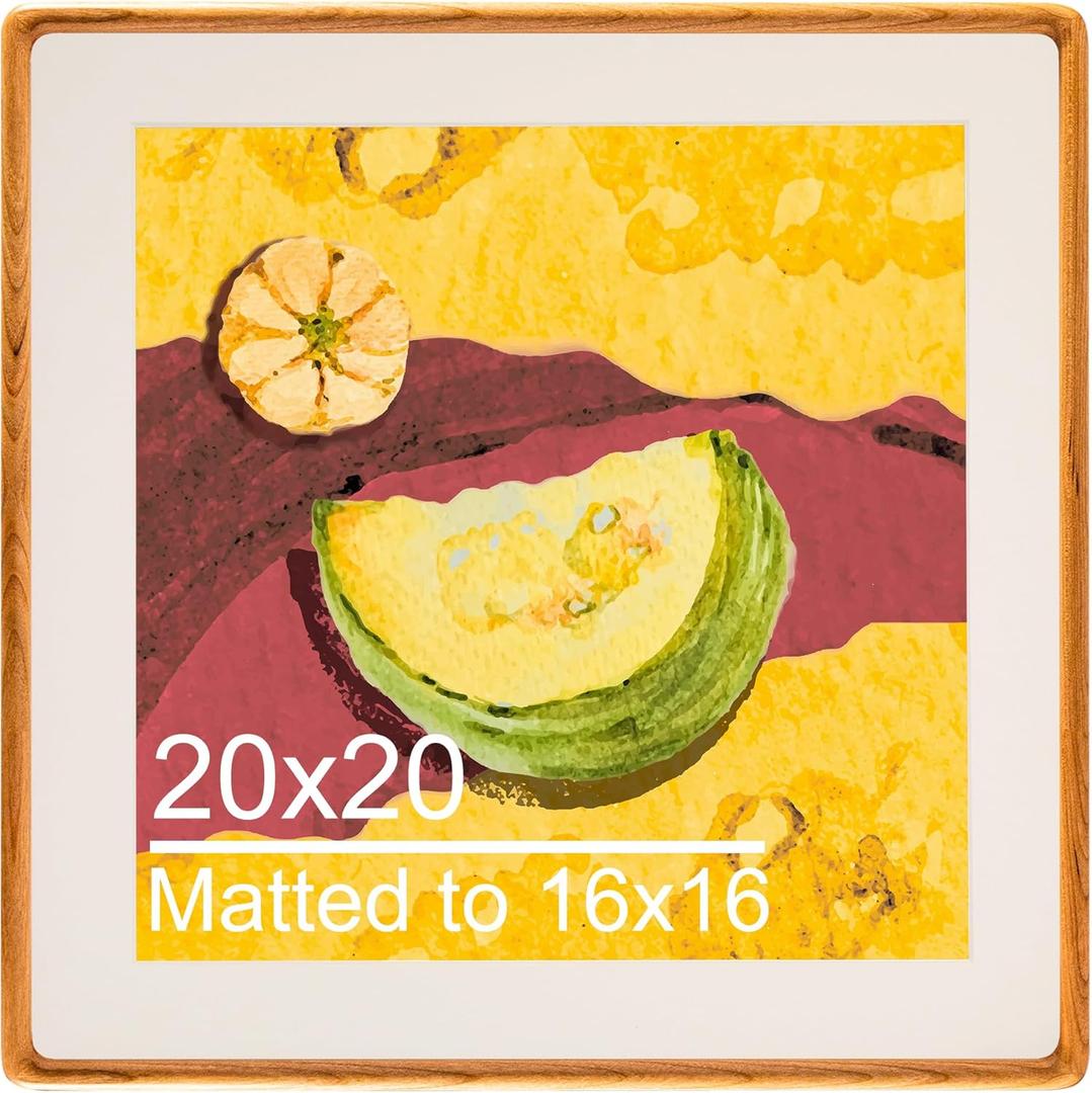 Natural Cherry Wood 20x20 Picture Frame - Includes 2mm Beveled Mat Opening 15.5x15.5 for 16x16 Photo - Wall Gallery Tabletop Photo Poster Frame