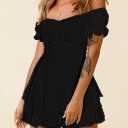 Fixmatti Women Boho Romper Off Shoulder Ruffle Chiffon Shorts Jumpsuit Playsuits (Black, L)