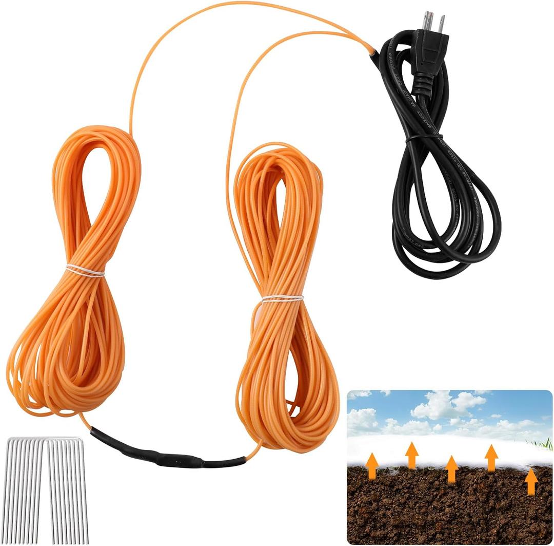 59Ft Soil Heating Cable with Thermostat, Rubber Heated Warming Cable for Seed Starting, Outdoor Greenhouse, Cold Frame & Garden Beds, Plant Root Winter Protection Kit Includes Ground Stakes