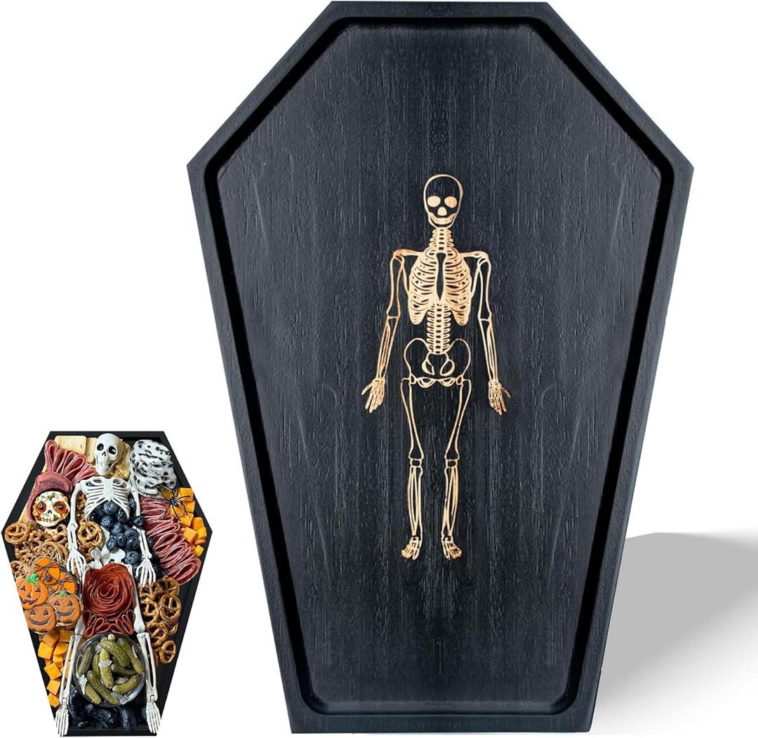 Halloween Coffin Charcuterie Boards Engraved Gold Skeleton for Party Serving Dishes Food Decor, Solid Wood Gothic Black Tray Easy to Clean -32" Length Halloween Coffin Charcuterie Boards Engraved Gold Skeleton for Party Serving Dishes Food Decor, Solid Wood Gothic Black Tray Easy to Clean -32" Length