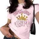 Birthday Shirt Women Birthday Girl Graphic Tee Funny Crop Top Glitter Short Sleeve Crewneck Outfit (Pink, L)