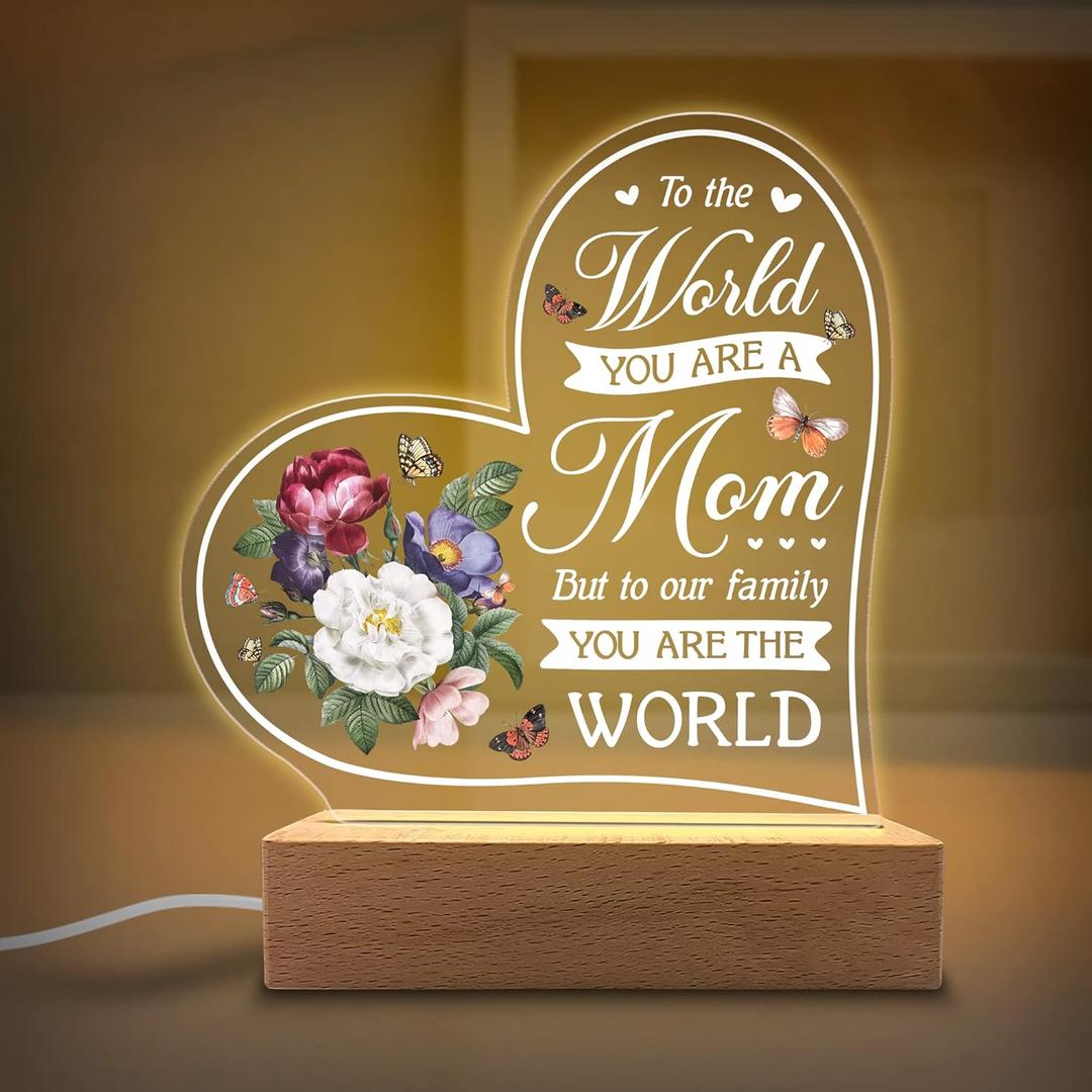 Acrylic Night Light Gift for Mother - to Our Family You are The World - Acrylic Light Gift for Mom from Son, Daughter on Mothers Day - Birthday Gifts to Mom
